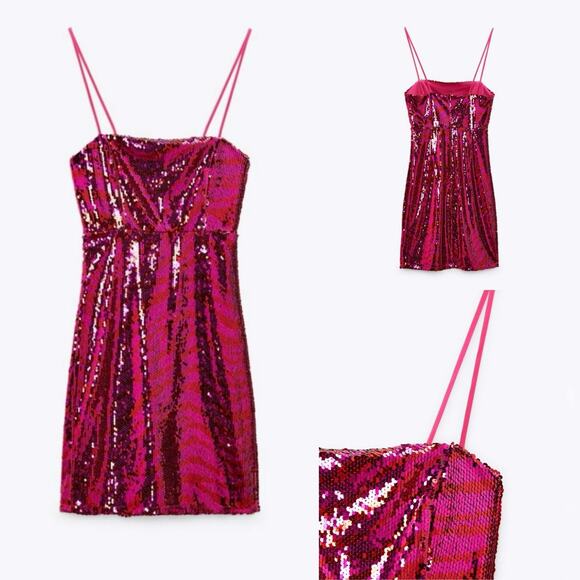 NWT Zara Womens Striped Sequin Dress Pink Red Mini Blogger Fave Cocktail Size S - Picture 14 of 16